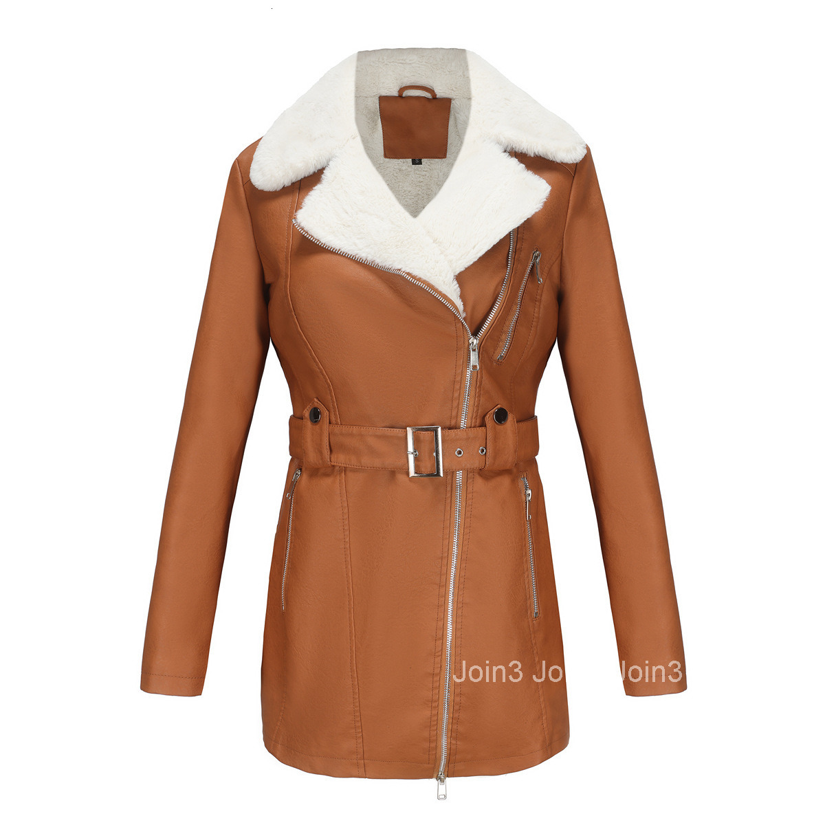 Fashion Autumn/winter New Long Sleeved Plush Leather Coat Womens Polo Double Head Zipper with Belt Warm Coat