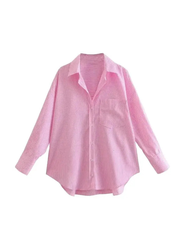 TRZA-Striped Loose Shirts With Pocket for Women Long Sleeve Button-up Blouses Chic Tops Female Fashion 250310