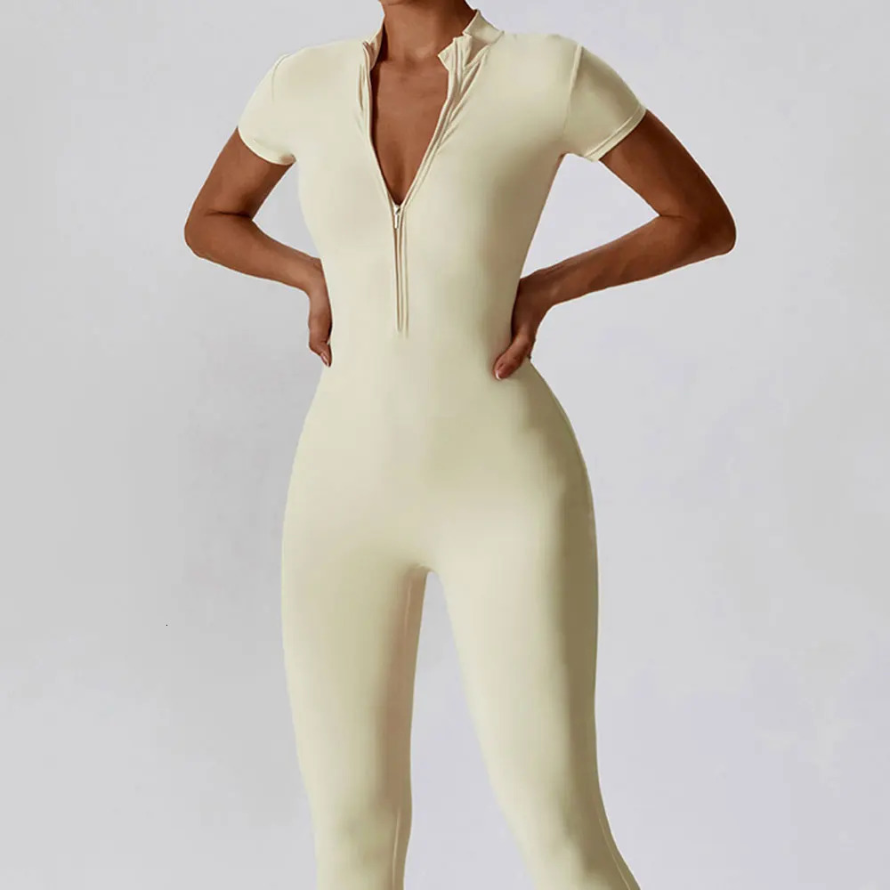 Yoga suit womens jumpsuit zipper short sleeved gym push up fiess clothing sportswear 250313