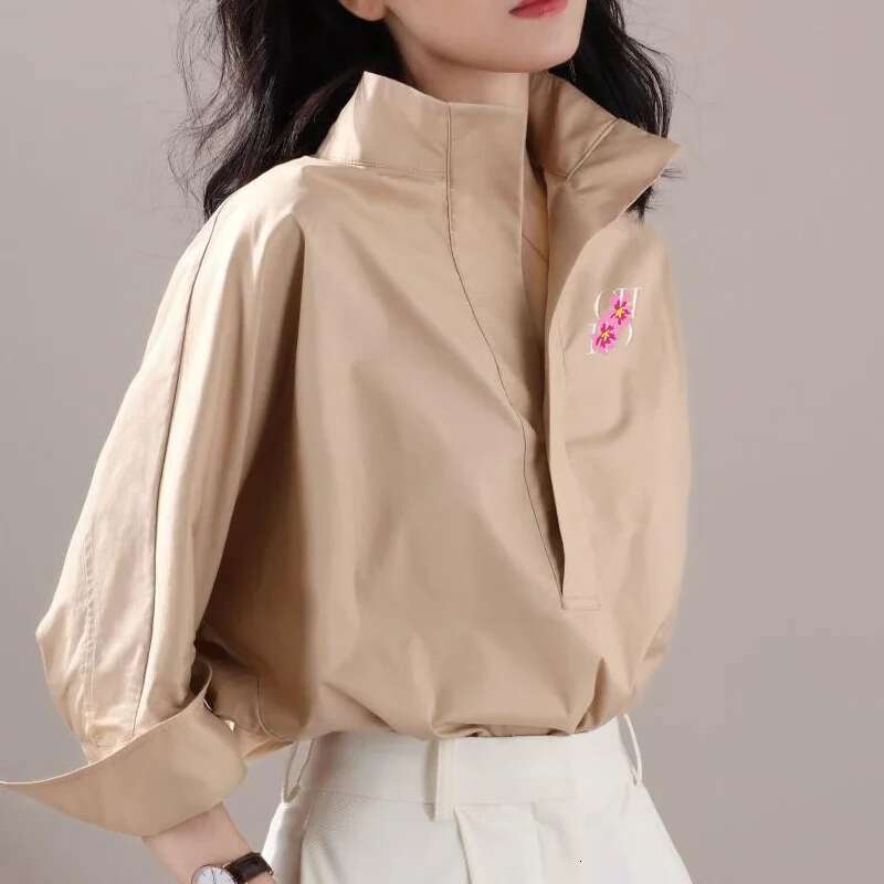 Women's Top Vintage Design Loose Slim Standing Neck Fashion Lady Tops Classic Versatile Solid Color 3/4 Sleeves Female Shirt