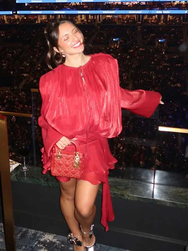 Elegant V-Neck Long Sleeve Belt Female Evening Party Dresses Fashion Pleated Mini Dress For Women 2025 Spring New Lady Vestidos