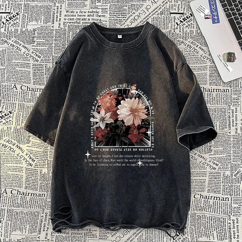 Vintage Floral Graphic Tee Washed T Shirts Oversized Y2K Top High Street Style Printing Short Sleeve Tshirts Trend Couple Clothe 250312