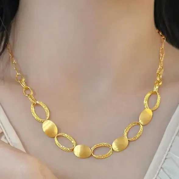 24K yellow gold 9999 real gold Retro light and shadow silk halo brushed craftsmanship interlocking oval gold necklace braceletXJ250315