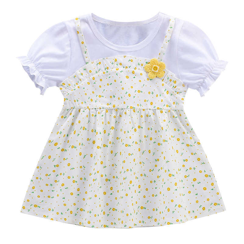 Girl's Dresses Girls' dress 2025 summer new short sleeved thin style western-style baby girl fake two-piece suspender floral dress