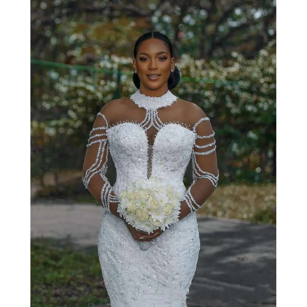 Customized african high neck bright lace beads mermaid dress for bride full sleeves garden style wedding dresses