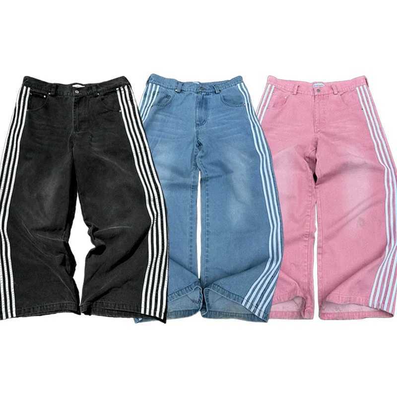 Y2K Baggy jeans Harajuku retro striped embroidered high-quality sports pants mens hip-hop casual wide leg street jeansT250319