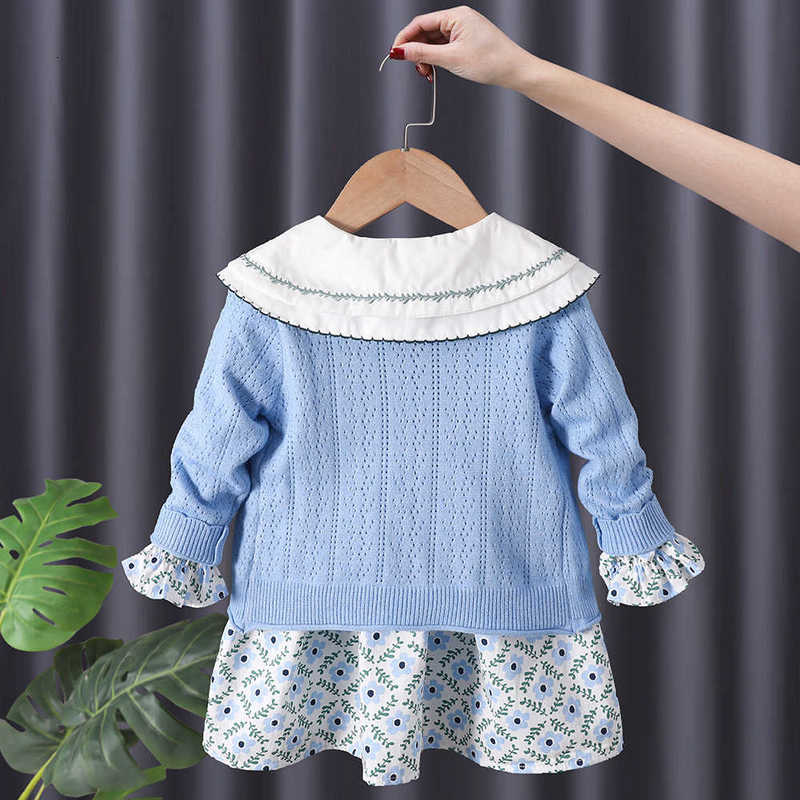 Girl's Dresses Girls' foreign style suit skirt autumn new style knitted sweater cardigan floral dress children's Pastoral two-piece set