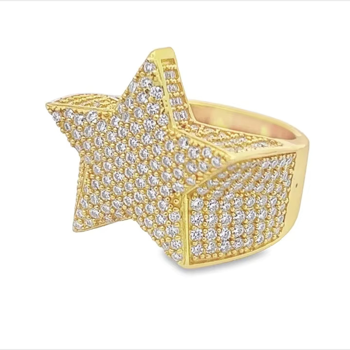 Hip Hop Style Iced Gold Plated 925 Sterling Silver STAR Ring VVS Moissanite Diamond Certified for Party Men and Women