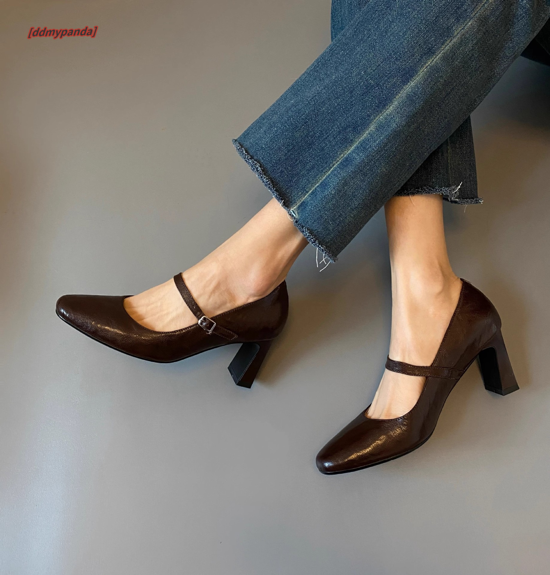 Cowhide version~French square toe high heels 2025 new spring/summer simple one-piece Mary Jane women's single shoes ddmypanda