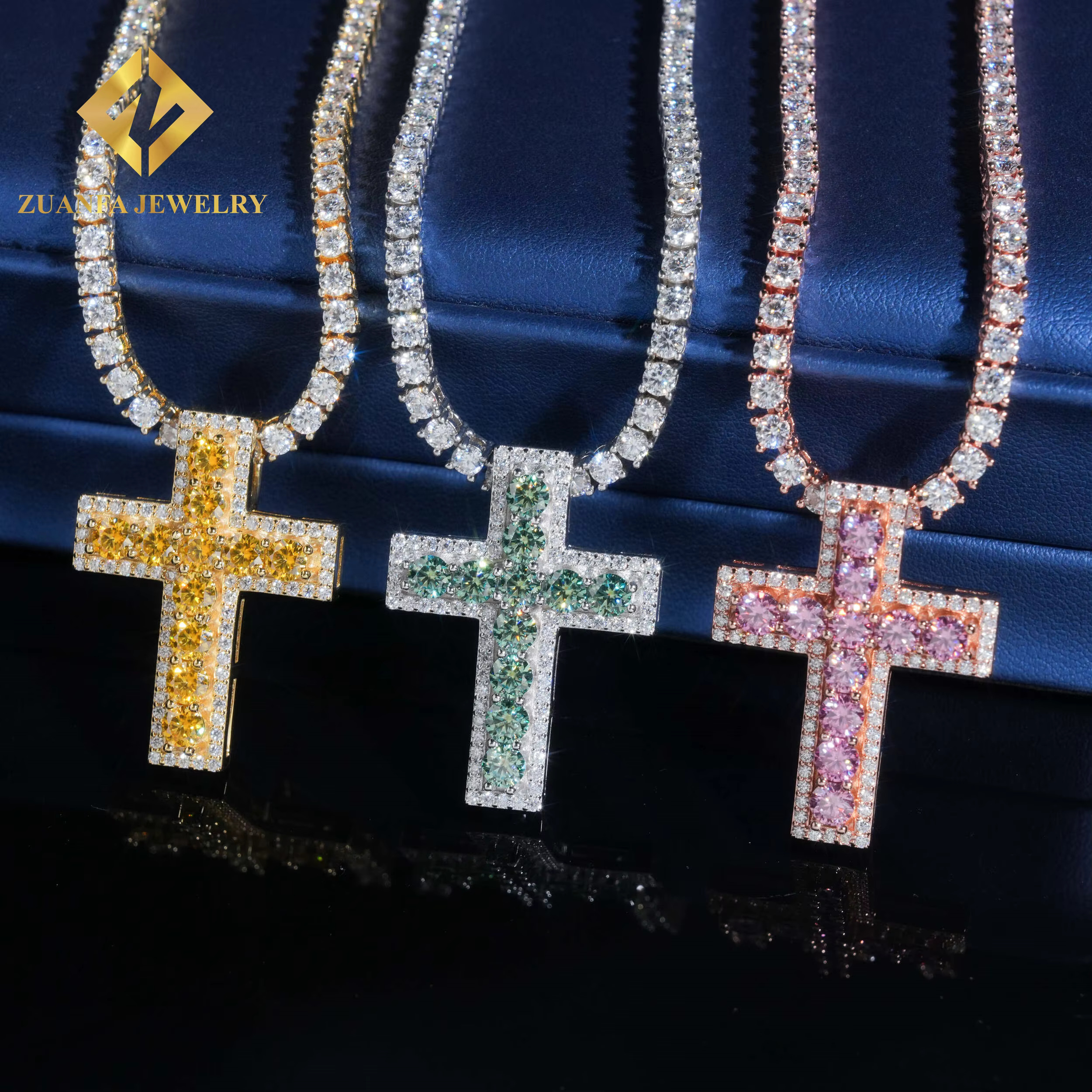 Hot Sale RTS Colorful Moissanite Cross Pendant 925 Sterling Silver Gold Plated Pass Diamond Tester Moissanite Pendant