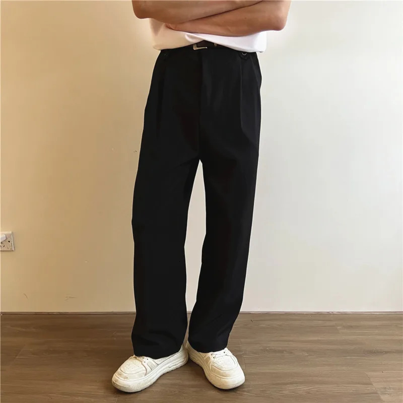 Khaki black suit pants mens fashionable social dress Korean loose straight wide leg office formal 250313