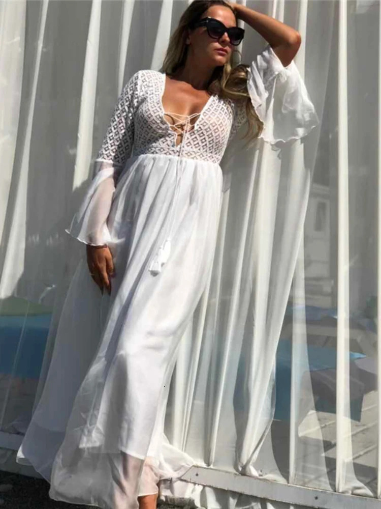 Sexy See Through Bikini Cover-up Long White Lace Tunic Women Summer Clothes V-neck Mesh Dress Beach Wear Swim Suit Cover Up Q589 250314
