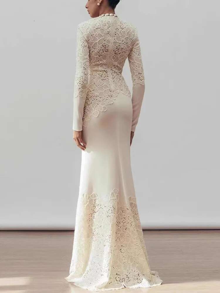 QMQA Fashion Women's Elegant Dresses Hook Wer Hollow Out Long-Sleeve High Waist Fishtail Maxi Dress 2025 Spring New 1A608
