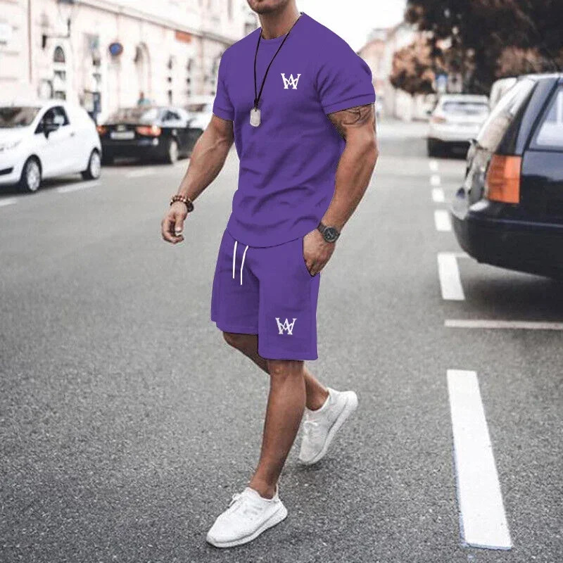 Latest Mens W-shaped Printed Casual T-shirt Set Round Neck Short sleeved Top Home Clothes Summer 250310