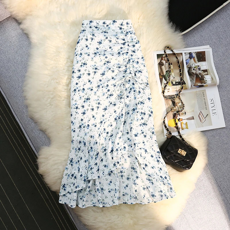 Seoulish Women Spring Summer Irregular Skirt Elastic High Waist Elegant Chiffon Floral Printed Pencil Midi Female 250310