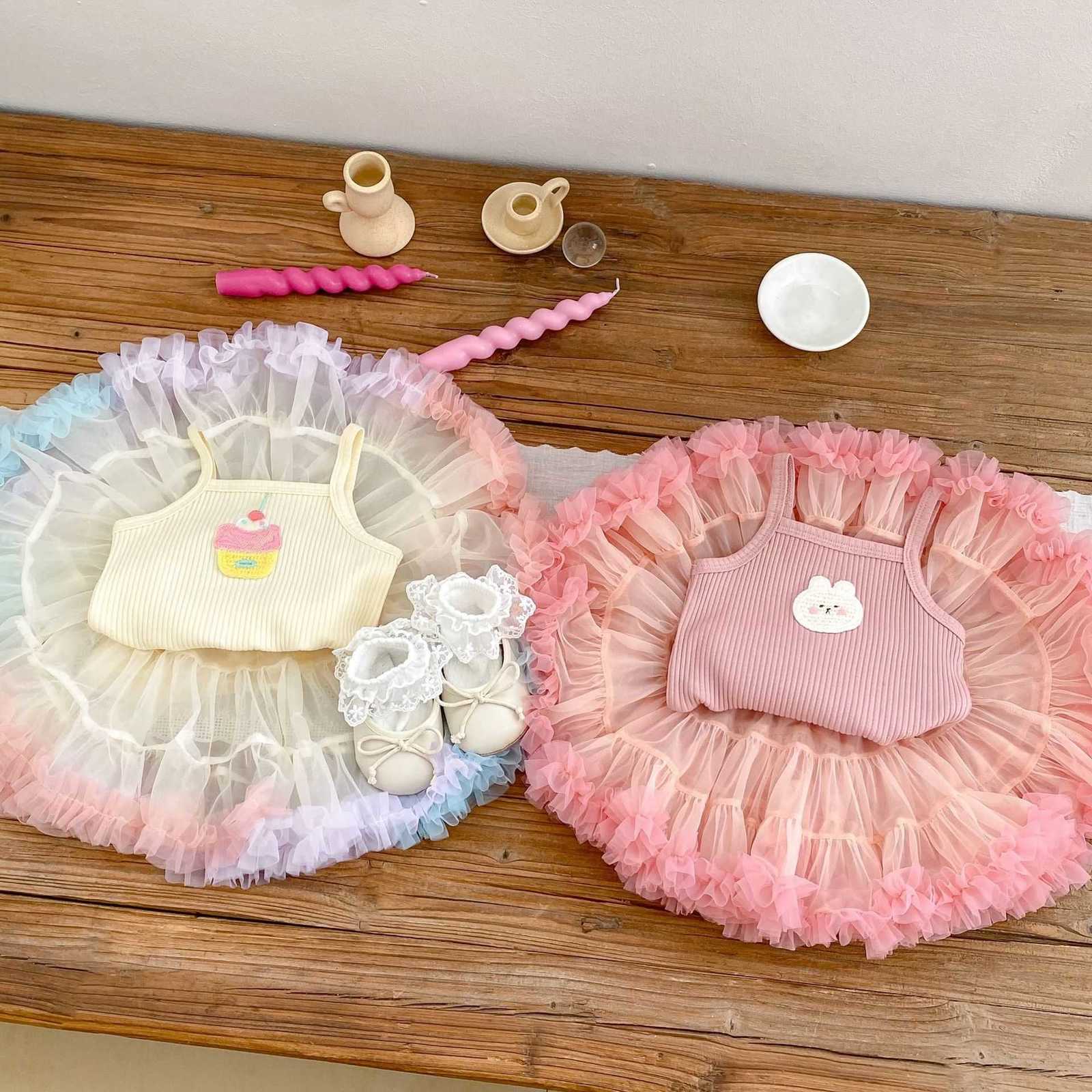 Girl's Dresses Ins summer girl baby half skirt set cute little camisole top+mesh fluffy cake skirt two-piece set