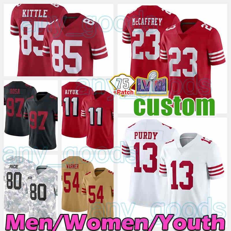 23 Christian McCaffrey Niners Football Jersey 13 Brock Purdy 85 George Kittle Fred Warner Brandon Aiyuk Nick Bosa 8 Steve Young Trent Williams Jerry Rice Dre Greenlaw