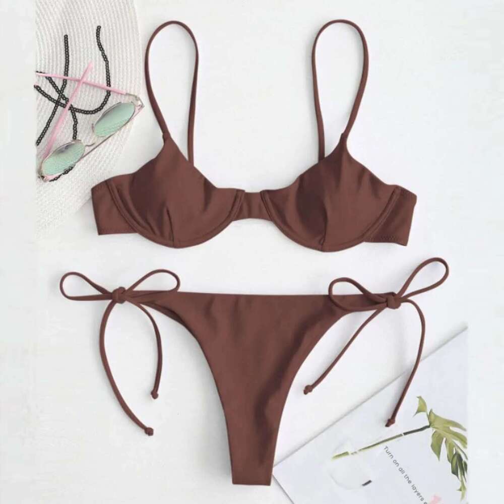 Two piece swimsuit, padded bra, push ups, tango underwear, solid color, lace up bikini, beachwear, summer