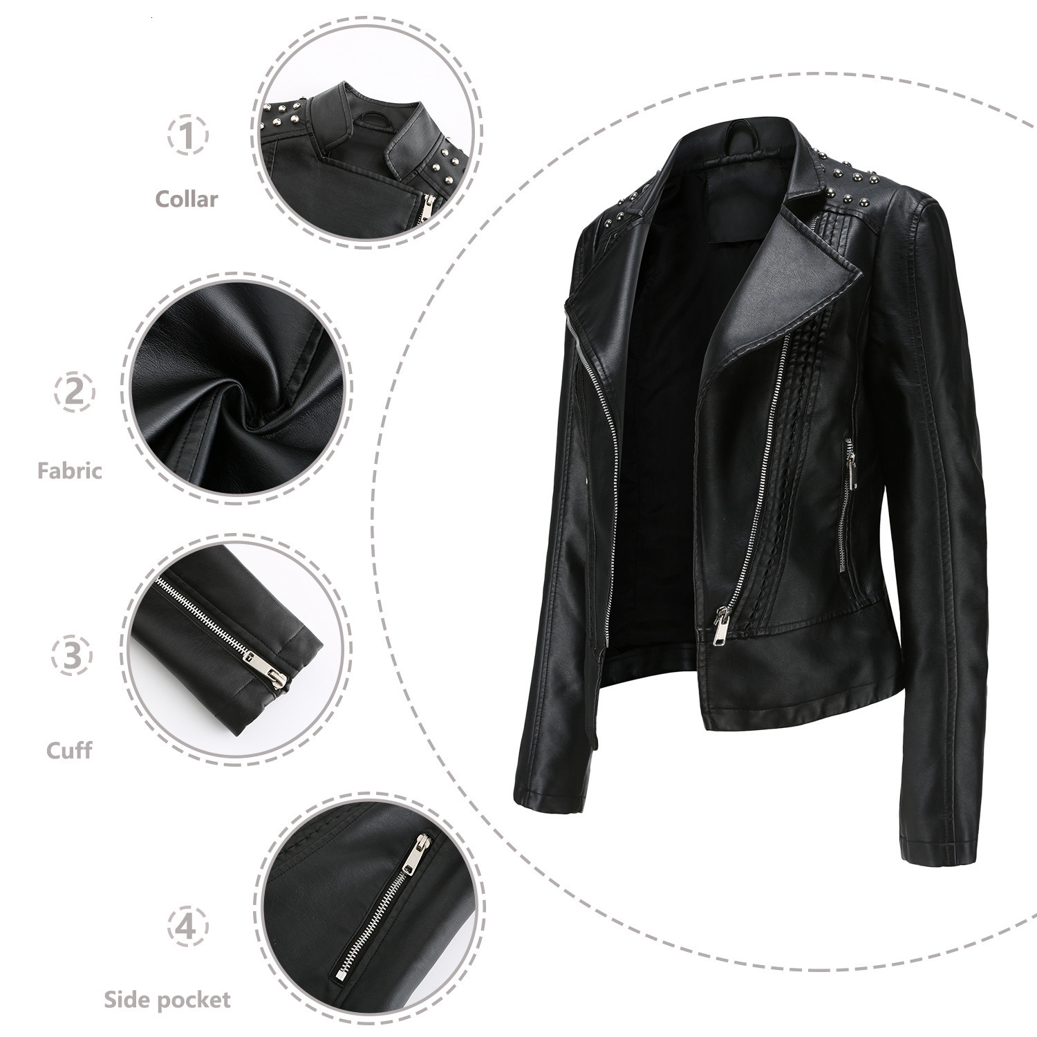 Fashion European Size Womens Beaded Leather Jacket Womens Long-sleeved Fashion Jacket Lapel Motorcycle Jacket Thin Spring and Autumn Womens Jacket Joi