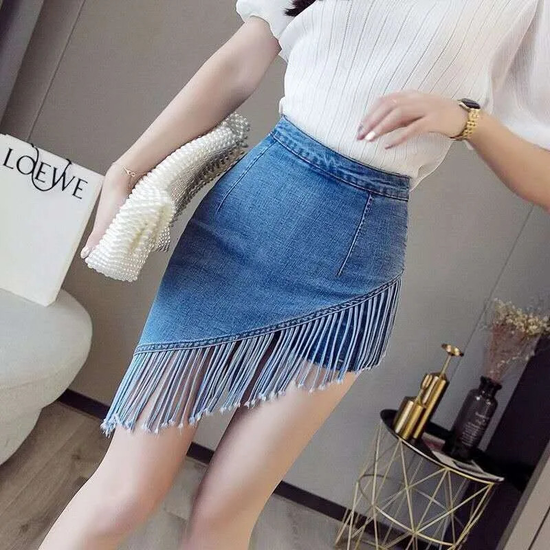 Denim leather pants Demin tassel irregular knee length womens buttocks spring summer vacation twopiece lined shorts 250310