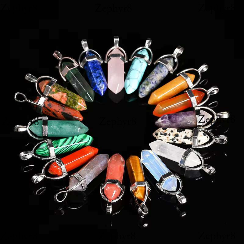Wholesale Cheap Stone Bullet Head Natural Stones Crystal Hexagonal Column Pendant for Necklace Jewelry Making