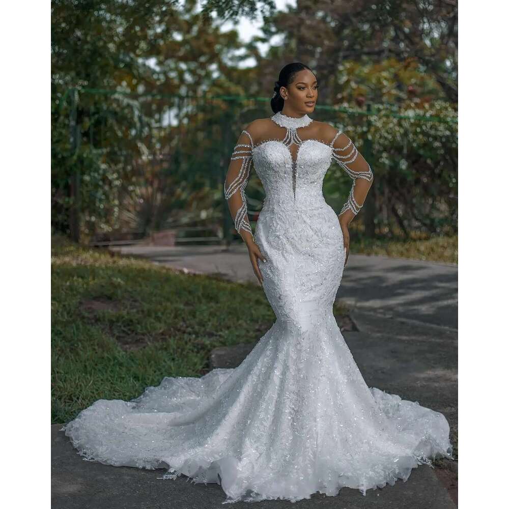Customized african high neck bright lace beads mermaid dress for bride full sleeves garden style wedding dresses