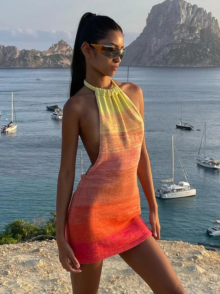 TARUXY Summer Dress For Women Knitting Halter Sleeveless Bodycon Mini Dresses Y2K Sexy Backless Boho Beach Dress Short 250313