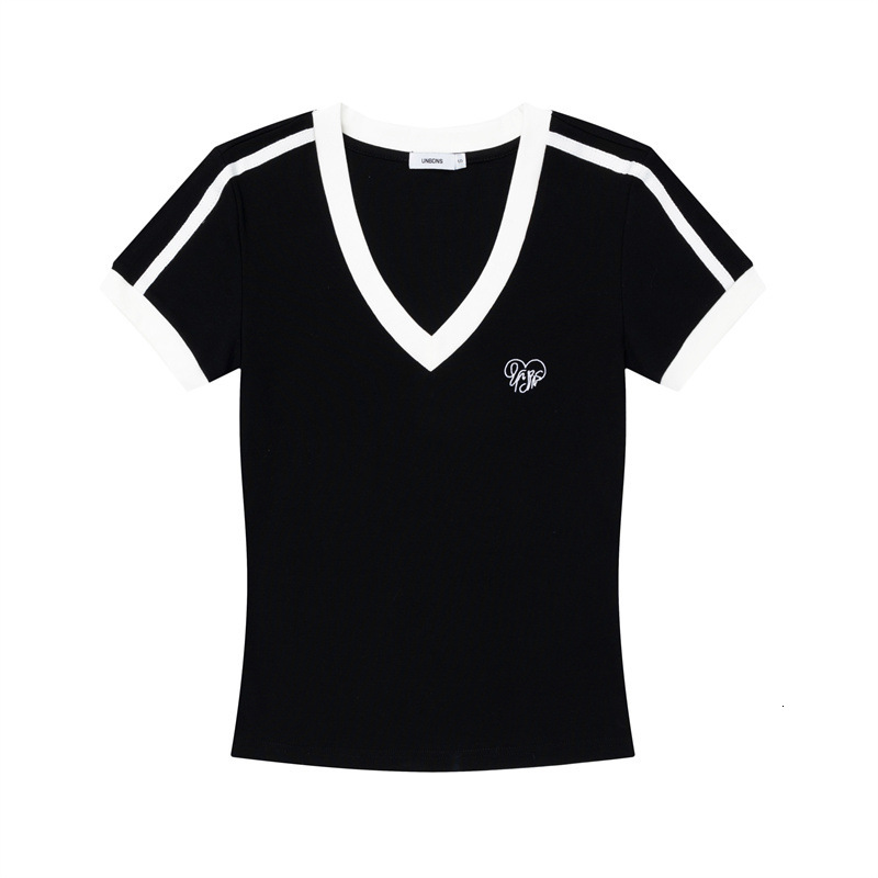 Nariele Embroidered Contrasting Color V-Neck Design Slim Fit Short Sleeved T-Shirt For Women 2025 Summer Casual Hot Girl Top