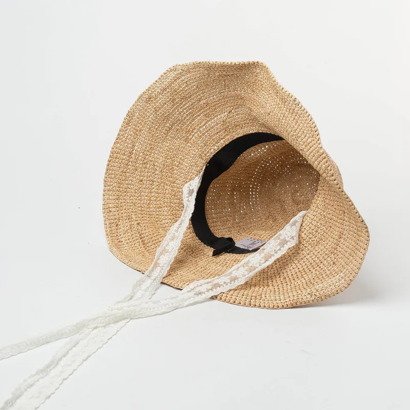 Summer Handmade Natural Lafia White Lace Long Ribbon Waist Beach Womens Bucket Hat Womens Holiday Beach Hat 250314