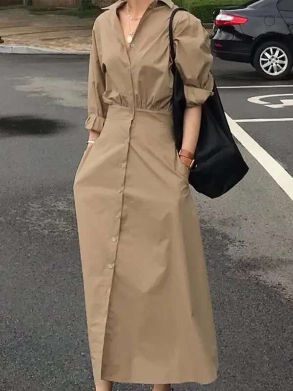 Modigirl Summer Long 2025 Spring Fall Clothes Blue Puff Sleeves Botton Simple Casual Maxi Shirts Dresses For Women
