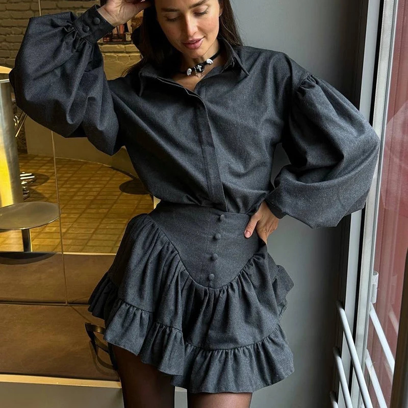 Casual collar button down shirt commuting set elegant pleated mini leather jacket spring plain weave loose womens 2piece 250312