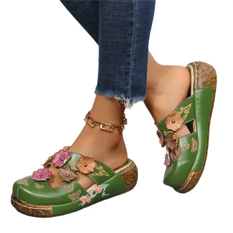 Summer Retro Plum Blossom Baotou Slippers Womens Fashion Totem Thick Sole Anti Slip Sandals Outdoor Beach Flat Casual Shoes 250314