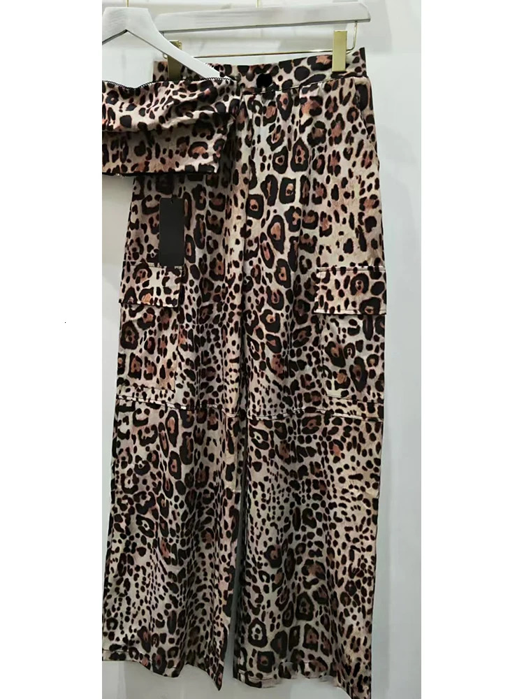 Retro leopard print sexy bust unfolded twopiece set for spring womens clothing high waist wide leg pants fashion 250313