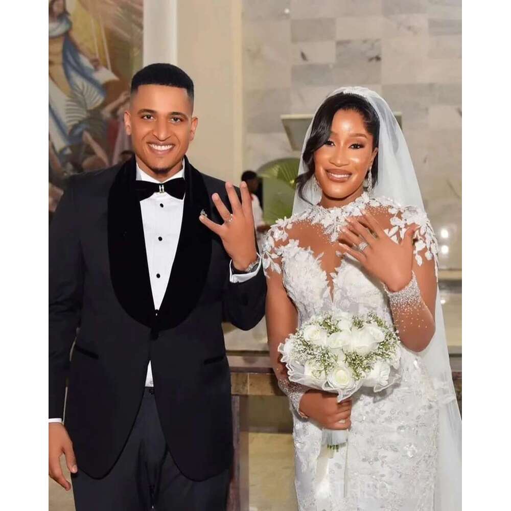 Custom high neck appliques beads mermaid full sleeves african arab wedding dress with removable