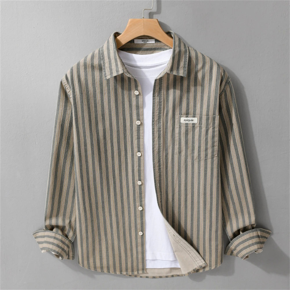 Mens long sleeved shirt Spring and Autumn mens clothing fashion striped mens cotton shirt loose mens top 250314