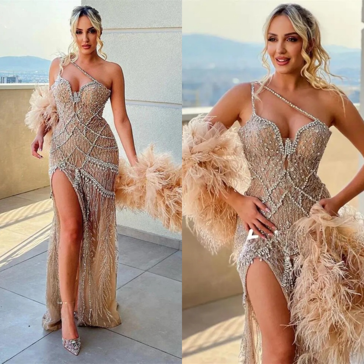 Fashion Mermaid Evening Dress Beaded Feather One Shoulder Prom Gown Lace Sequins Illusion Sleeveless Party Dresses Customized
