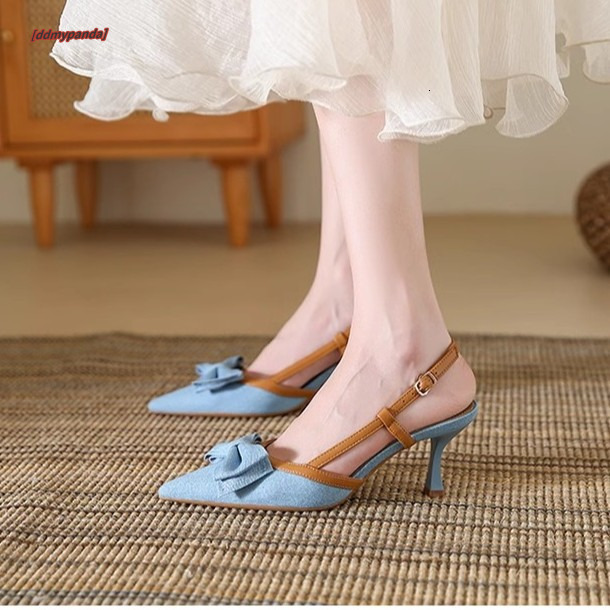 Baotou Sandals Women's 2025 New Summer Fairy Match Skirt Bow Shallow Mouth Single Shoes Pointed Narrow High Heels ddmypanda