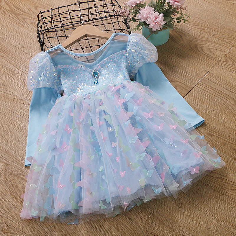 Girl's Dresses Pure cotton butterfly suspender girls' dress with bubble sleeves and colorful lights, Frozen princess dress