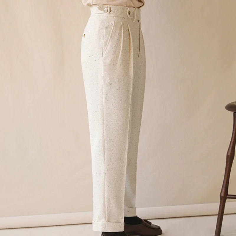 High quality casual high waisted straight leg mens winter Parisian button up business pants Naples gentleman suit 250313