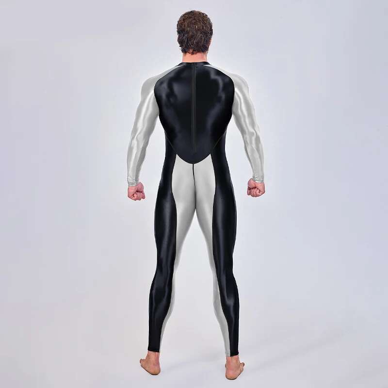 Amoresy - Smooth running suit, color blocks, long sleeves, men's one-piece sports jumpsuit, full length, shiny jumpsuit XCKNY