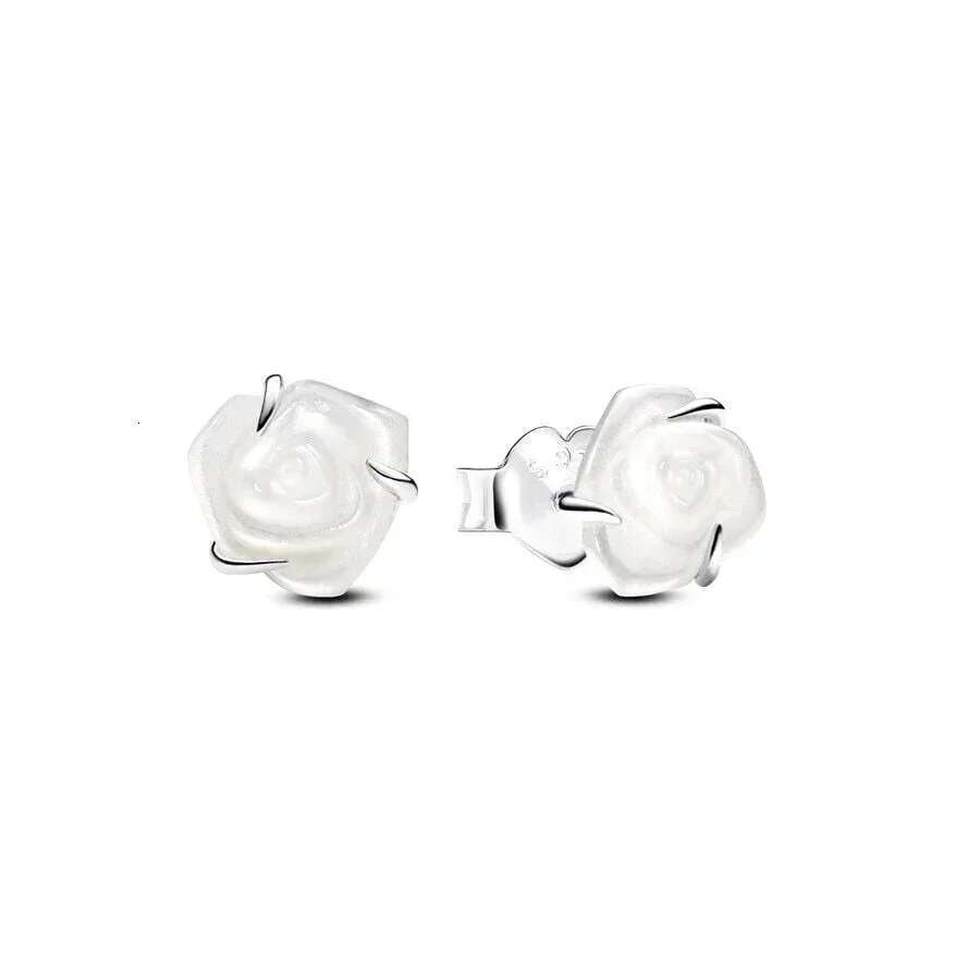 2024 New 925 Sterling Silver Mother Day Gifts White Rose In Bloom Collier Necklace Ring Stud Earrings Fit Women