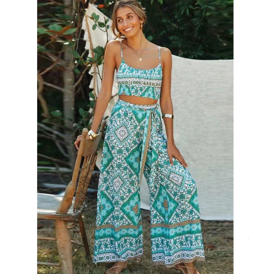 TEELYNN Wideleg Pants and Crop Top Suit Beach Bohemia Cotton Womens Summer Two Pieces Set Ladies Boho Floral Suits Casual 250313