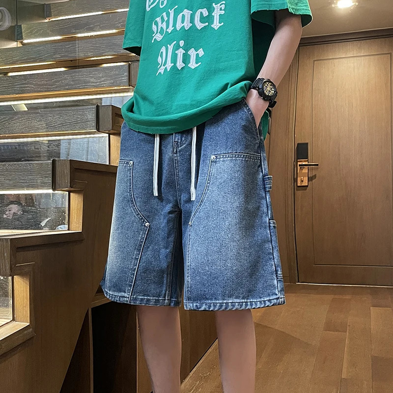 Summer Mens Straight Cowboy Shorts Fashion Splicing n Wide Leg Retro Dark Blue 250313