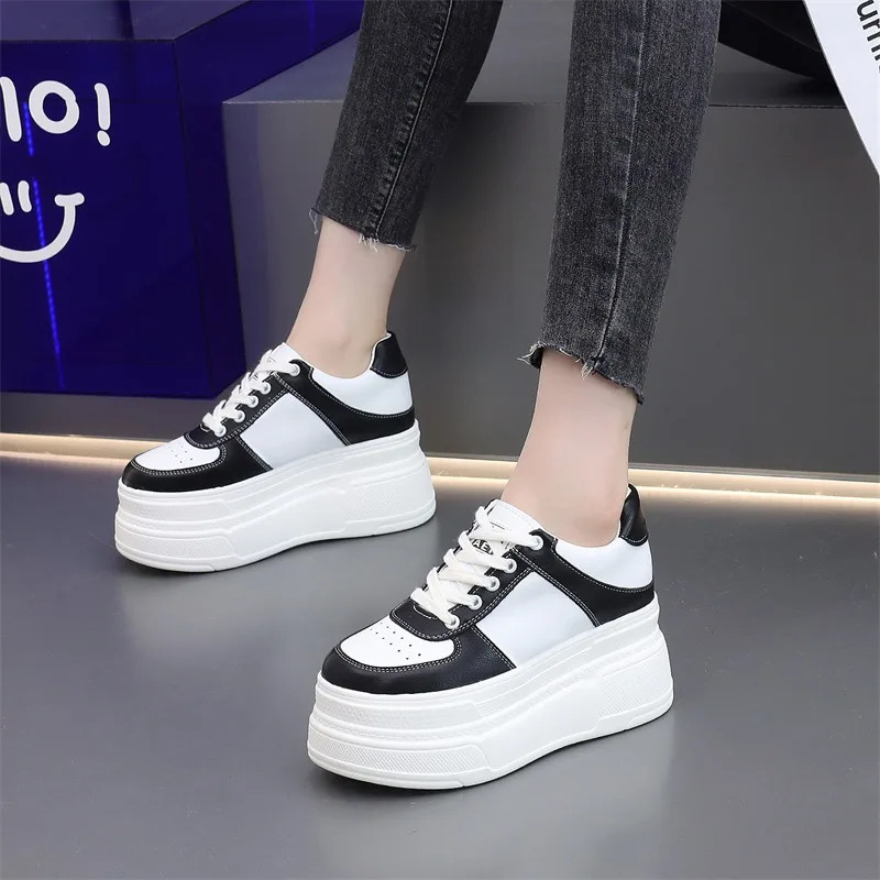 Womens sports shoes Spring Fashion 10CM highly enhanced leather casual shoes white wedge platform shoes Tenis De Mujer 250310