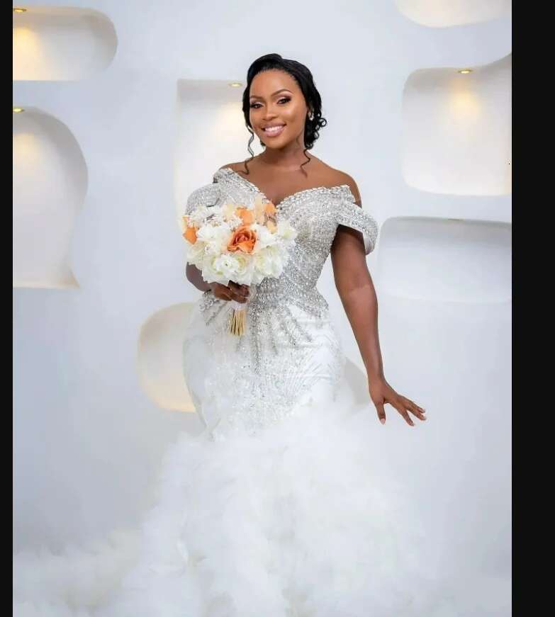 Custom off shoulder bright rhinestone crystals for bride plus size organza layers mermaid wedding dress