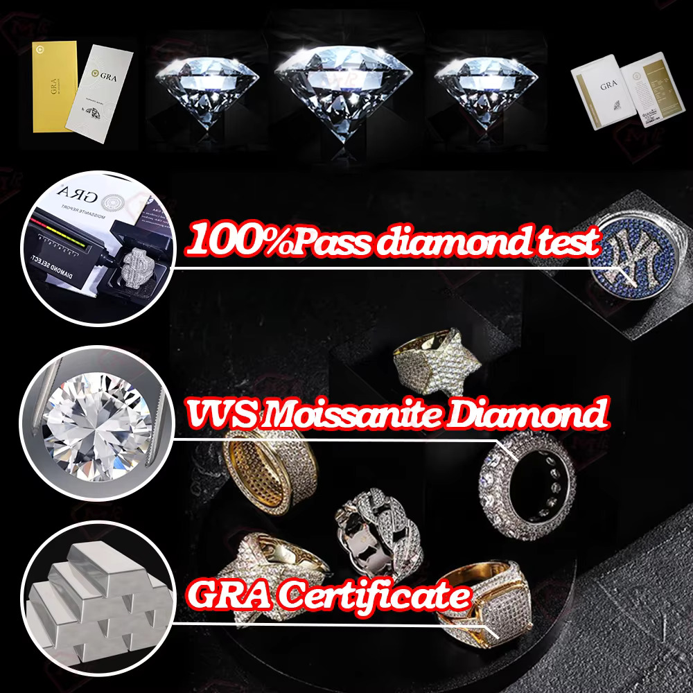 Luxury Iced Out 925 Silver Bling Moissanite Diamond Mens Ring Real Moissanite Hip Hop Ring