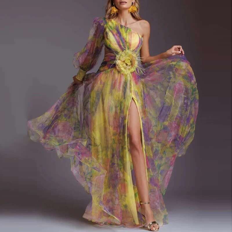 Women Elegant Split Hollow Party Fashion Contrast Print Mesh Maxi Sexy One Shoulder Sleeve Irregular Long Dress