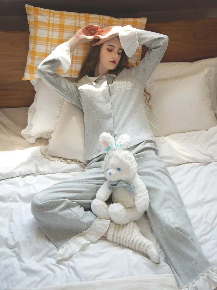 Musebree Womens Cute Princess Cotton Pajama Set Ruffle n Korean Spring Casual 250313