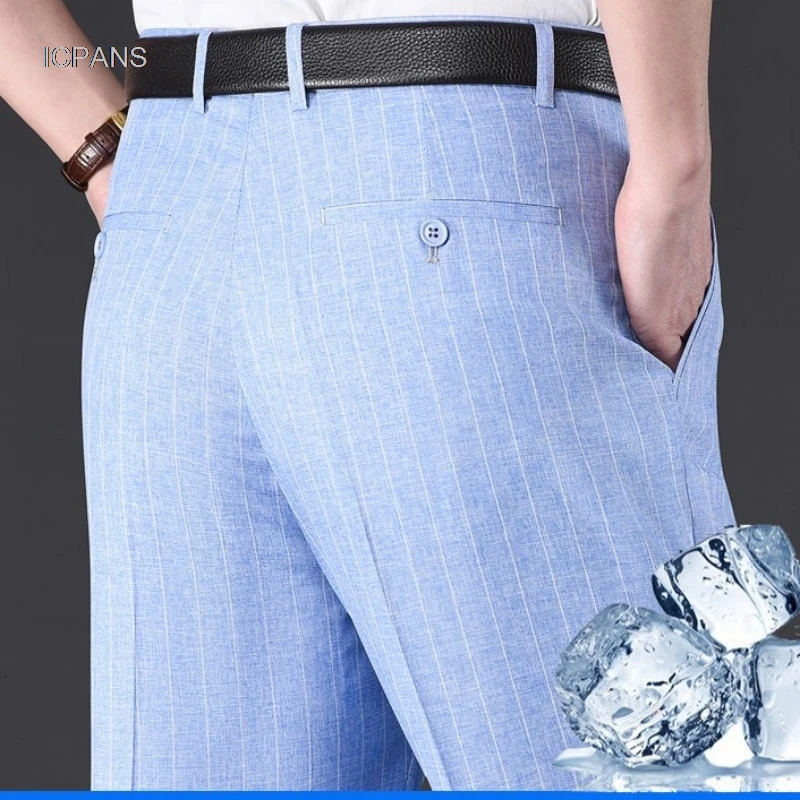 Flat Stretch Suit Pants For Men Striped Thin Summer Straight High Waist Black White Blue Formal Fashion Korea Dress Trousers 250313