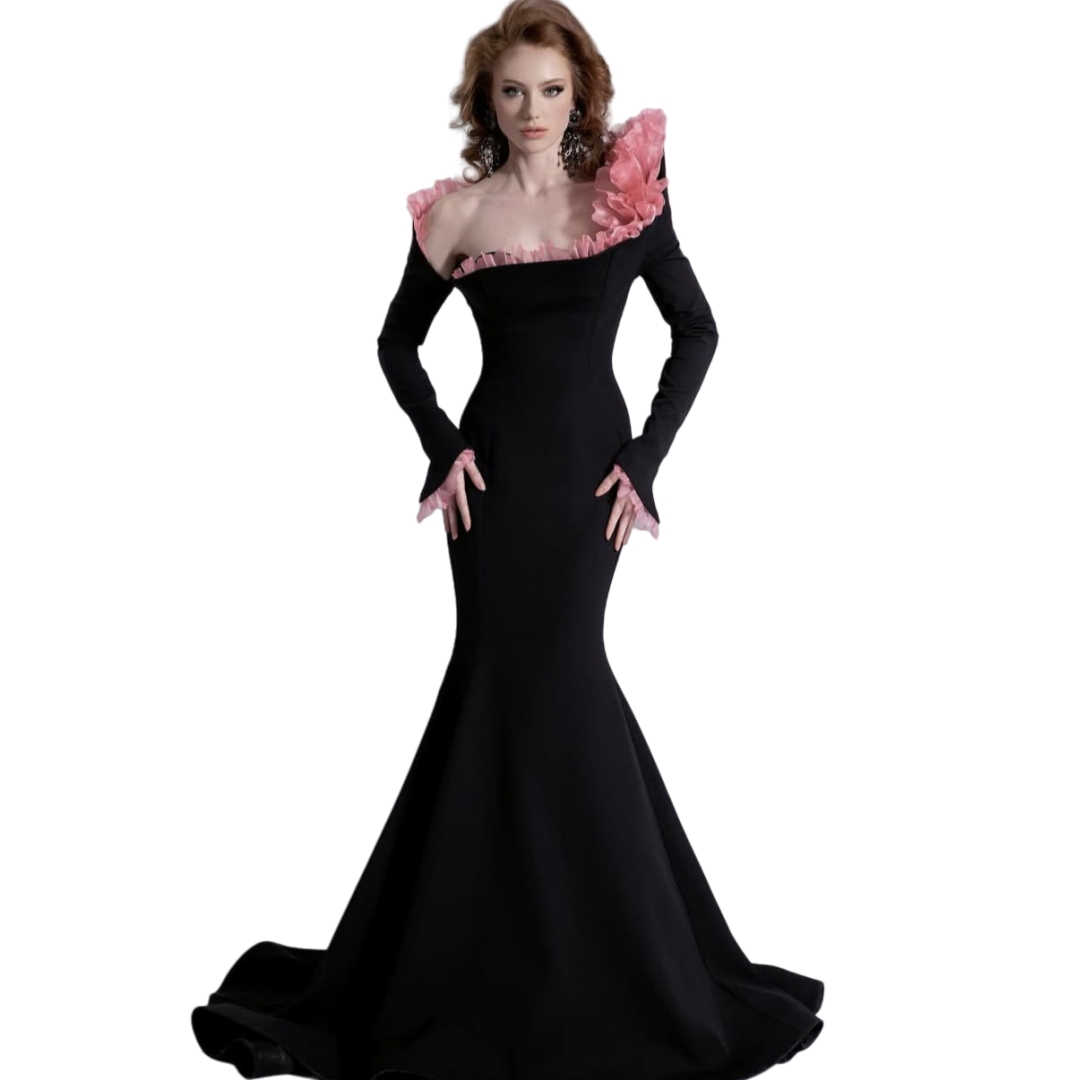 2025 Elegant Black Mermaid Prom Dresses With Pink Ruffle Design Long Sleeves Stylish Evening Gown Ladies Chic Formal Occasion Dress